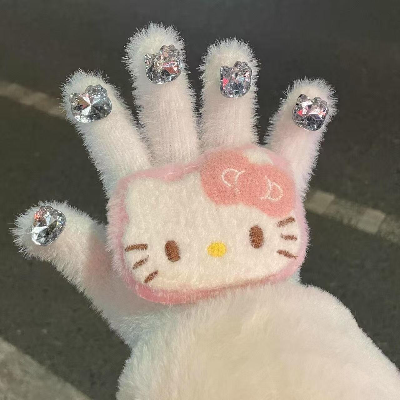 ST-02 HelloKitty ~可愛いモケット手袋秋冬フラッシュドリル5本指分乗強化保温防寒手袋