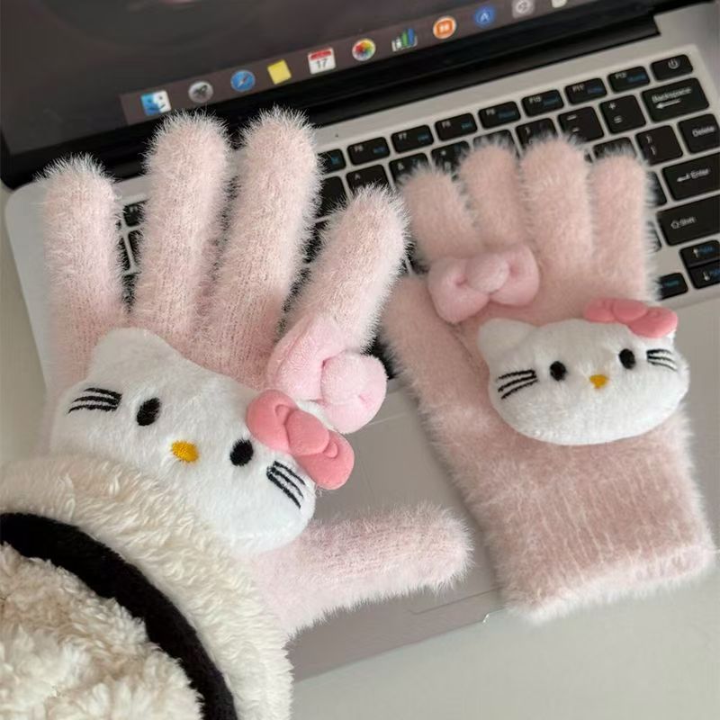 ST-02 HelloKitty ~可愛いモケット手袋秋冬フラッシュドリル5本指分乗強化保温防寒手袋