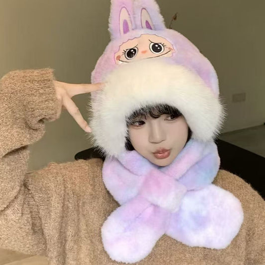 MZ-01 LABUBUハットマフラー一体女性冬の大人耳保護帽防風保温厚帽