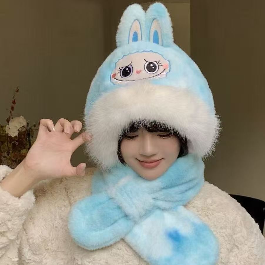 MZ-01 LABUBUハットマフラー一体女性冬の大人耳保護帽防風保温厚帽